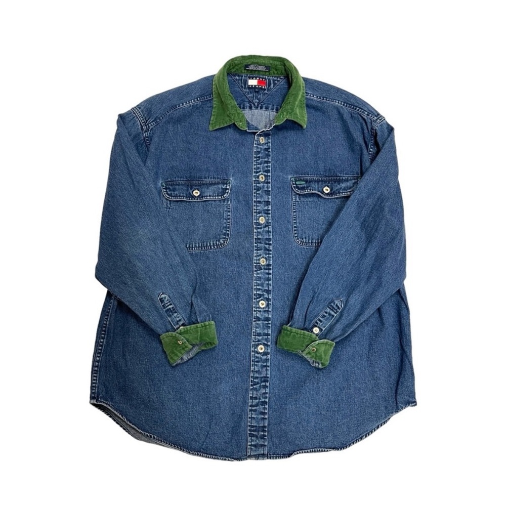 SOLD 90s Tommy Jeans Denim Shirt size L vintage button up shirt green corduroy